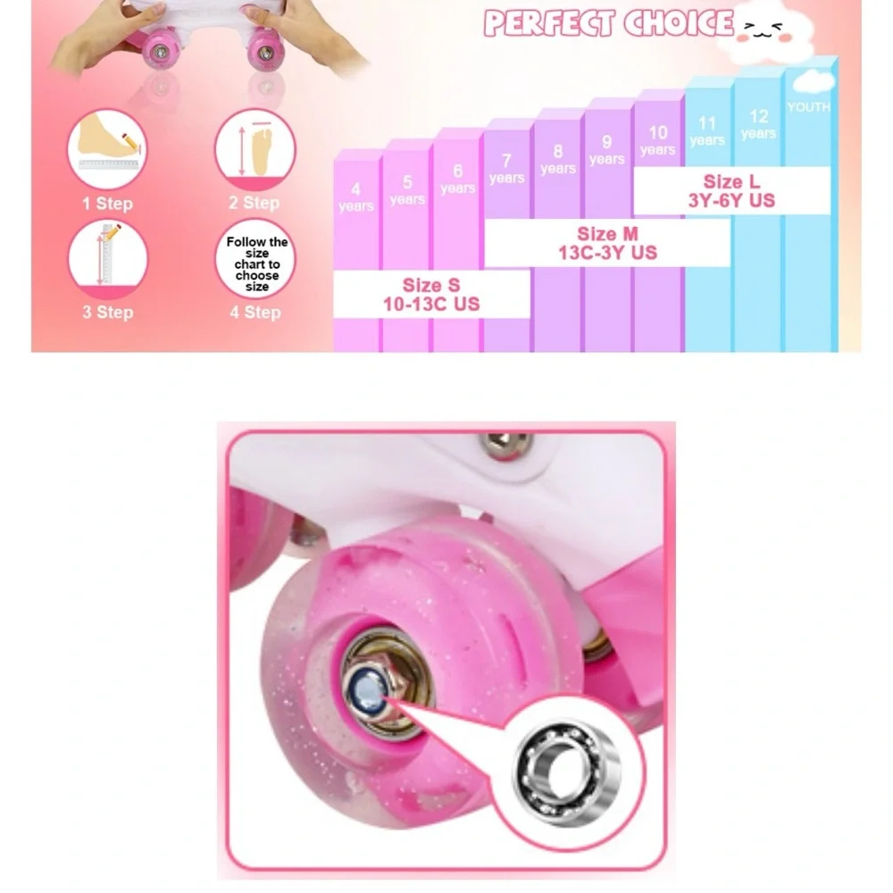 NIB Size Large Pink and White Kids/Youth Roller Skates Light Up Wheels - Picture 10 of 12